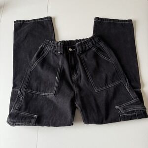 Women's Black Cargo Pants White Stitching‎ Stretchy, Pockets Size Small